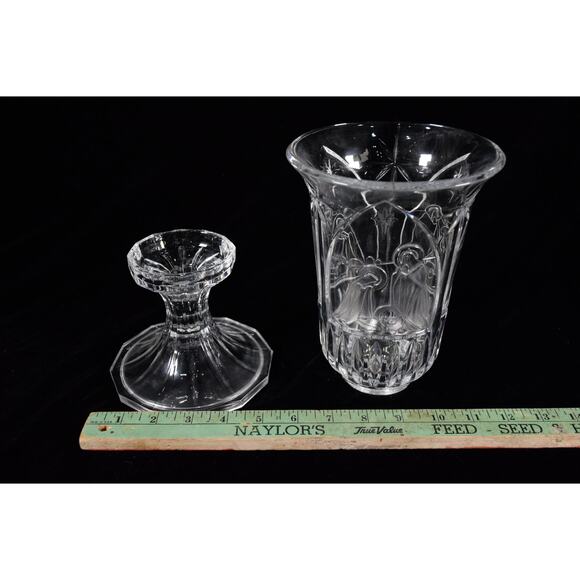 St George Crystal Two Piece Nativity Hurricane Lamp Heavy 11.5 in Jesus Manger - Picture 4 of 5